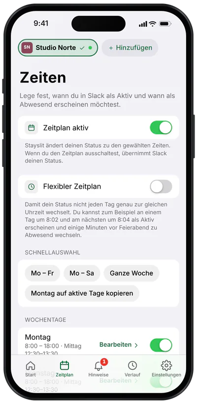 Echte App-Ansichten · Beispieldaten · Zeitplan
